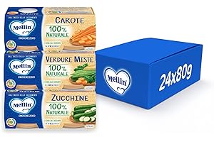 Mellin 12 Vasetti x 80 g di Omogeneizzati di Verdure, 100% Naturale, 4 x 80 g Verdure Miste, 4 x Solo Carote, 4 x Solo Zucchine