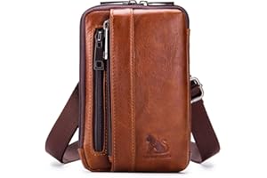 XIEBEN Bolso pequeño de Cuero con Bandolera, Bolso de Mano para teléfono, Cartera, Monedero, Gancho, Lazo, Cintura, riñonera, Viaje, Acampar al Aire Libre, Senderismo marrón