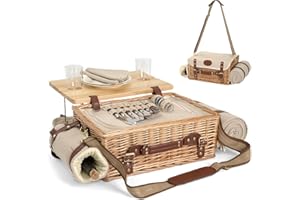 SATISINSIDE Multifunctional Wicker Picnic Basket Set for 2 Person with Blanket and Picnic Table, Insulated Picnic Set with Full Tableware for Camping, Outdoor Couples, Natural