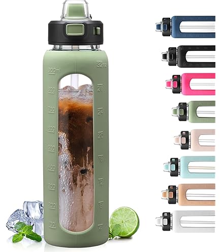 HYDRAGLAZIC Glazen waterfles van 2 liter met 2 deksels, klap- en drinkdeksels, 2 liter, grote waterfles met tijdmarkering en siliconen hoes, BPA-vrij, lekvrij voor sportsportschool, donkerblauw
