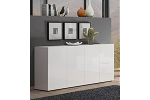 Dmora - Credenza Addis, Buffet da soggiorno, Madia da salotto, Dispensa da cucina, Made in Italy, 180x38h79 cm, Bianco lucido
