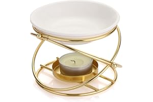 BSTKEY Quemador de aceite esencial de metal, quemador de cera con cuenco de cerámica, portavelas decorativo para el hogar, difusor de aroma, forma redonda (dorado)