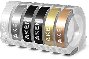 ‎AKEN Aken Prägeband 9mm Kompatibel mit Dymo Prägeband 3D Vinyl-Prägeetiketten, Kompatibel mit Gold/Schwarz/Silber/Transparent/Champagner Gold für Prägegerät, 6 Rollen