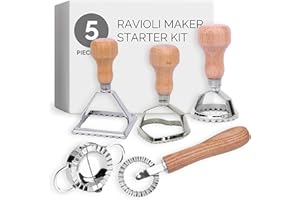 FLANACOM Set Di Taglia Ravioli Con Formina Per Ravioli e Rotella Per La Pasta - In Legno Di Faggio Di Alta Qualità e Acciaio Inossidabile - Forma Di Ravioli Ideale Anche Per Pierogie Maultaschen (Set di 5)