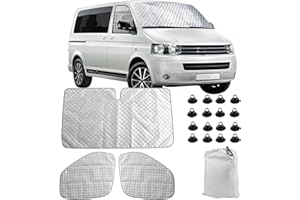 SOEKODU Osłona przeciwsłoneczna na przednią szybę samochodu, kompatybilna z VW T5 T6, 3 sztuki, zestaw ochrony przed słońcem, wewnętrzna mata termiczna z torbą do przechowywania, 100% okluzji