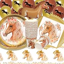 Set Vaisselle Fête Anniversaire Fille - Thème Cheval - 80 Pièces (Assiettes, Gobelets, Serviettes)