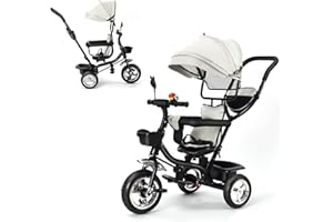 Tricycle Enfant Évolutif avec Siège Réversible, Tricycle Vélo Enfant avec Espace Rangement, Pare-Soleil, Canne Télescopique et Pédales Amovibles, Tricycle à Pousser pour Filles et Garçons (Gris)