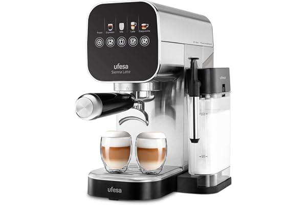 Ufesa Machine à Café Espresso Sienna Latte 20 Bars avec Écran Tactile – Système Thermoblock, 1360W, Buse Vapeur, Réservoir de Lait 400ml, Réservoir d’Eau 0,9L, Plateau Chauffe-Tasses, Design Compact