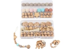 Jorzer Lot de 84 Perles en macramé Naturelles en Bois, crochetées à Faire soi-même avec Clips pour Attache-tétine, Bracelets, Loisirs créatifs et macramé.
