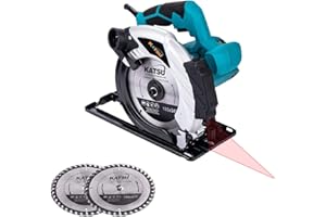 KATSU TOOLS KATSU Sega Circolare 185mm 1600W con Guida Laser e 2 Lame 24T+ 40T, Taglio Massima 65mm (90°) e 45mm (45°), per la Lavorazione del Legno Morbido Metallo e Taglio di Plastica