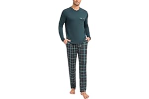 Leversic Pijama de Invierno Hombre Algodón Conjunto de Pijama a Cuadros Conjunto de Ropa de Dormir de Cuello Redondo Pijama de Manga Larga y Pantalones de Dormir a Cuadros Largos