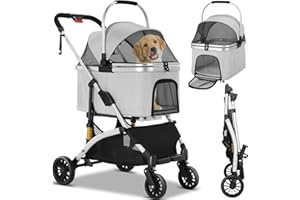 MAMIZO Dog Stroller, Foldable Pet Stroller, 3 in 1 Dog Cat Pushchair with Storage Basket Net Window Cup Holder, 360 ° Wear-Resistant Rubber Wheels Dog Travel Carrier, for Small Dogs & Cats (Silver Grey)