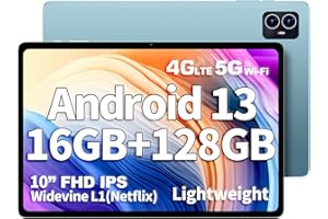 TECLAST M50HD 10.1 Inch Tablet Android 13, Octa-Core 16GB RAM+128GB ROM/TF 1TB, 4G LTE+2.4G/5G WiFi, 1920x1200 IPS FHD Gaming Tablet, BT5.0/5MP+13MP/GMS/GPS/Widevine L1/435g/Metal