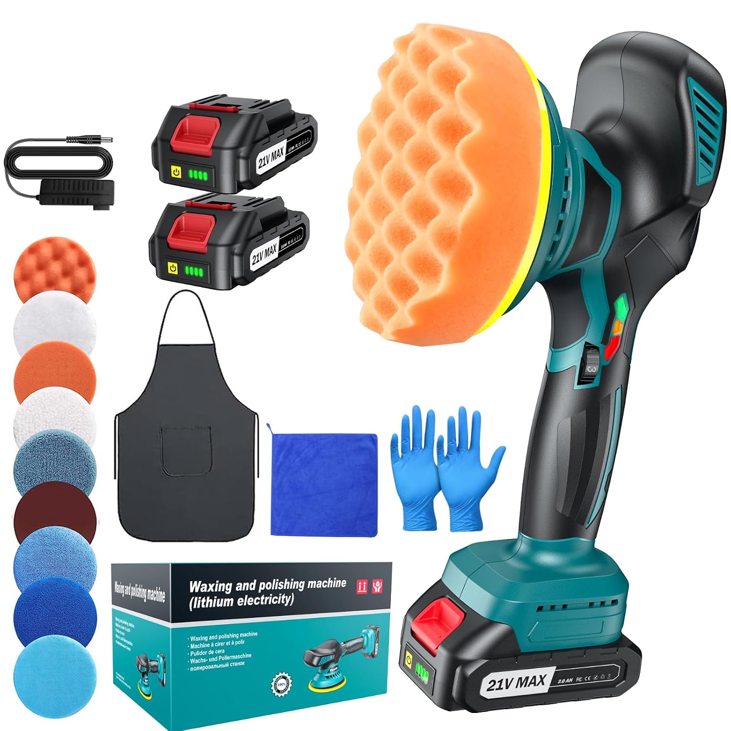 Draadloze polijstmachine - 15,2 cm auto polijstmachine met 2 x 21 V 2000 mAh lithiumbatterijen en 13 bevestigingsmiddelen, 6 variabele snelheden 5500 rpm voor detail, polijsten, was