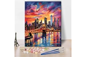 TISHIRON Zestaw do malowania po numerach, dla dorosłych, widok miasta, Most Brookliński o zachodzie słońca, malarstwo krajobrazowe, zestawy do malowania artystycznego z pędzlami, obraz olejny