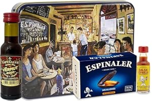 Espinaler cesta gourmet aperitivo | Pack regalo con vermut rojo, salsa espinaler y mejillones en escabeche en caja regalo vintage