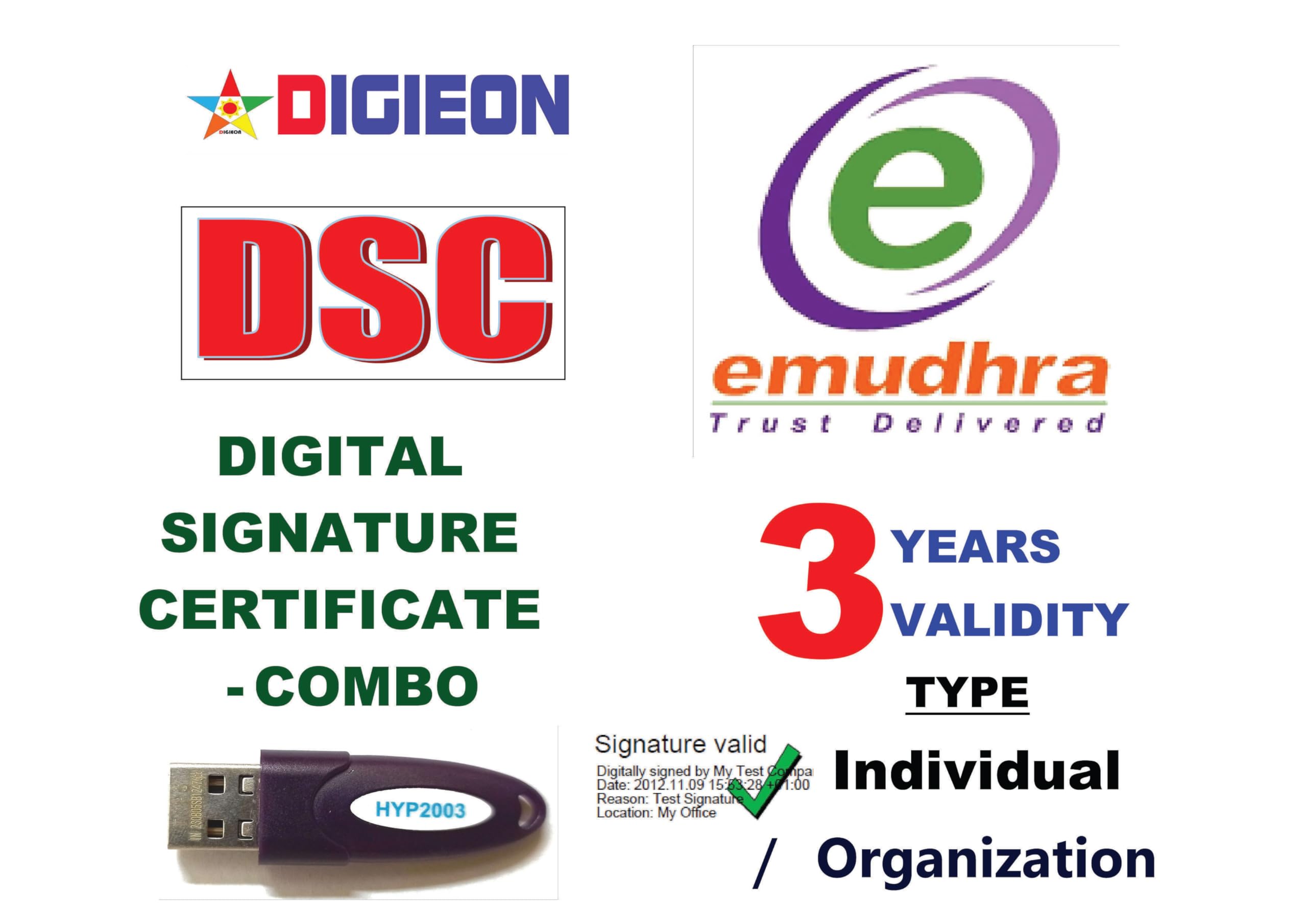DIGITAL SIGNATURE CERTIFICATE (DSC) LINK & SUPPORT - CLASS 3 - ORGANIZATION - 3 YEARS WITH USB TOKEN