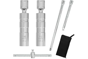Prozwee 1 Set 12-Point Universal Joint Magnetic Spark Plug Socket Set, 14mm & 16mm, 3/8" Drive Socket Extension Bars (250mm & 150mm), T-Handle Spark Plug Spanner