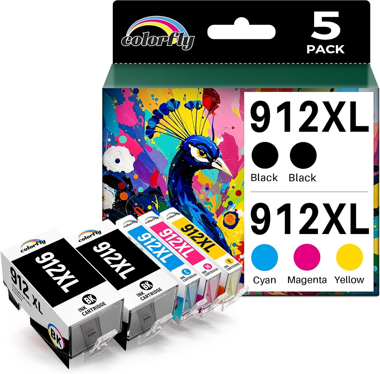 colorfly 912XL Cartucho Compatible para HP 912 XL 912 Cartuchos de Impresora para HP OfficeJet Pro 8022 Cartuchos 8020 8024 8023 8025 OfficeJet 8012 8014 8015,Officejet 8010, 5 Pack
