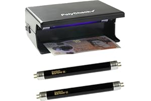 PolyCheck Comprobador de notas UV de 4 W con 2 bombillas de repuesto DuraBulb – Detecta billetes falsos de polímero y papel