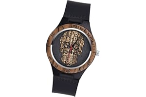 MicLee Montre à Quartz en Bois de Bambou, Montre en Bois Naturel pour Homme et Femme, Montre en Bois avec Motif de crâne, Bracelet en Cuir de Vache, Cadran en Bois de Bambou carbonisé