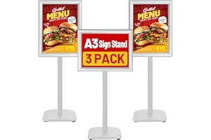 VAIIGO 3 Stück Infoständer DIN A3, Schwerlast Plakatständer mit robustem Standfuß, Bodenstehender Kundenstopper & Werbeständer, Drehbarer Poster- & Schildständer für Werbung, Menü, Empfang, Silber