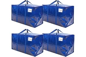 RICHIE Heavy Duty Extra Large Moving Bags with Reinforced Handle and Double Zipper - Waterproof Storage Box with Tag Window - for Christmas Decorations, Moving & Travel, 90L (Blue, 4 Packs)