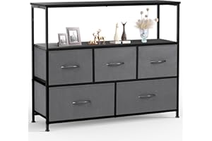 ‎SWEETCRISPY Sweetcrispy Kommode,TV Schrank Stand für Schlafzimmer mit 5 Stoffschubladen,Sideboard Wohnzimmer für 115cm TV,Einstellbare Füße Schubladenschrank,Komodenschrank für Schlafzimmer,Modernes Grau
