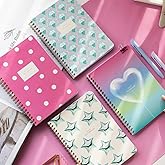 PAPERORA A5 Spiral Cardboard Cover Set of 4 Striped School Notebook 80 sheets - Blue Pink Star with Curriculum