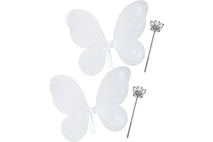 Relaxdays 2 x Feenflügel mit Zauberstab, Fee Kostüm Kinder, Flügel & Zepter, Elfen Kostüm Glitzer, Mädchen, Feenset, weiß & Silber