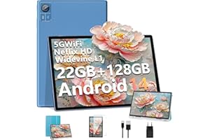 SUAAT Tablette 2025 Nouvelle Android 14 Tablet, 10 Pouces avec 22Go RAM, 128Go ROM, 5G+2.4G WiFi, Octa-Core, GMS Certified, Widevine L1, Bluetooth, Tablette Tactile avec Etui -Bleu