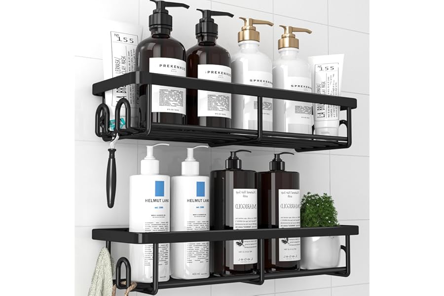 Kitsure 2 Pack Rustproof Shower Caddy - Minimalist Style Bathroom Shelves, Wall-Mounted Shower Shelf, Large Capacity&Durable Bathroom Accessory, Large, Black