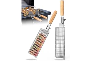 HAZENS Rollendes Grillkorb Set, Grill zubehör mit abnehmbarer Holzgriff, Edelstahl 304, GrillZubehör für Outdoor-Grill, Gemüse, Fleisch und Meeresfrüchte am Außengril, Geschenke für Männer