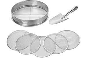 johgee Tamiz de jardín 5 en 1 Fabricado en Acero Inoxidable, tamiz Resistente a la Intemperie, con 5 Insertos de tamiz Intercambiables Ø 3.6.9.10.12 mm + Pala de Mano de 26 cm de Largo para Tierra