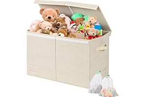 KR KITCHENRAKU Toy Storage Box for Boys Girls, Large Storage Chest with Lid and Label Holders, Foldable Cloth Storage Bin for Wardrobe, Kids Bedroom & Playroom Soft Toy Storage (Beige)