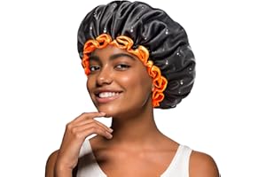 mikimini Black Shower Cap for Women Long Hair, Reusable Waterproof Shower Hats for Men, Double Layer Washable Bath Cap for Thick Curly Hair Medium