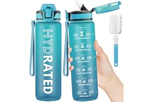 QLUR Gourde, 1L Gourde Sport avec Paille et Graduée, 1 Litre Étanche Bouteille d'Eau avec Brosse, Gourdes Motivation sans BPA pour Fitness, Bureau, l'école, Yoga