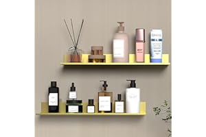 HNVNER Mensole da Muro Design 2 Pezzi, Oro Spazzolato Mensola Doccia Senza Foratura, Mensole Portaoggetti Bagno, Metallo Decorazioni Mensola da Parete per Soggiorno, Camera da Letto