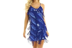 Mufeng Womens Latin Tango Dance Dress Sparkling Sequins Fringe Tassel Camisole Party Dress