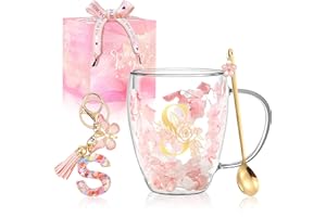 BIGNOSEDEER Gifts for Women Glass Coffee Mugs Unique Birthday Gift for Women Her Ladies Espresso Tea Cups Personalised Friendship Wedding Gifts Cute Double Walled Glass Mugs Christmas Pink Stuff Graduation Gift