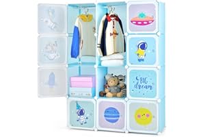 COSTWAY 8/12 Cube Children Clothes Closet, Cartoon Modular Wardrobe with Hanging Sections, Kids Storage Unit for Children Room, Nursery, Bedroom