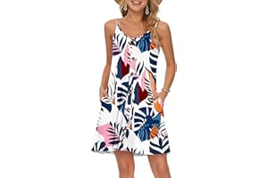 WNEEDU Robe D'été Femme Bretelles Spaghetti de Plage Robes Décontractée Courte Col en V avec Poches