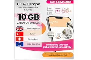 LOVE 2 SURF Love Mobile Data Only Sim Card - International Multi-Network 4G/5G Prepaid Pay As You Go Data Sim for Mobile Phones, WiFi Routers, & More, Europe, UK, Switzerland & Turkey - 10GB for 60 Days