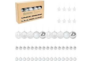 The Christmas Workshop Zestaw 50 nietłukących się bombek teksturowanych / eleganckie świąteczne wzory / dekoracje choinkowe z wiszącym sznurkiem / różne rozmiary i style (srebrne)