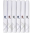 Caruso Italy Men's Initial Monogram (A-Z) Embroidery 100% Pure Cotton Handkerchief White Base With Colored Border - Pack Of 6