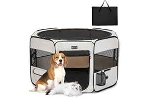 PETSFIT faltbar Welpenauslauf Tierlaufstall für Kleintiere Hunde Katzen,Hundelaufstall Freigehege mit Wasserdichter Boden,Pop-up System Kausicheres Design,Grau,M,92 * 84 * 53cm