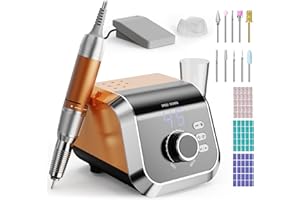 HOMEASY Torno para Uñas Profesional 45000 RPM 45 Velocidades con Pedal - Kit 11 Fresas Torno para Uñas +75 Bandas, <40dB Silencioso para Casa y Salón