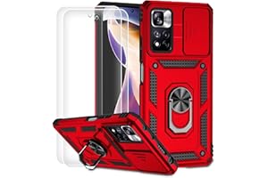 Dechyi Funda para Xiaomi Redmi Note 11 Pro 5G/Redmi Note 11 Pro 4G y 2 Piezas Vidrio Templado Cubierta de Cámara Deslizante con Soporte de Anillo Fundas Duradero Robusto-Rojo