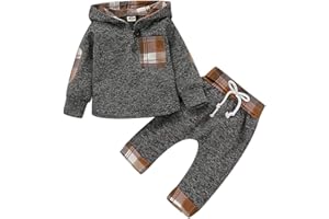 TMEOG Baby Clothing Sets Infant Toddler Boys Girls Sweatshirt Set Winter Fall Clothes Outfit 0-3 Years Old,Baby Plaid Hooded Long Sleeve Tops+Pants
