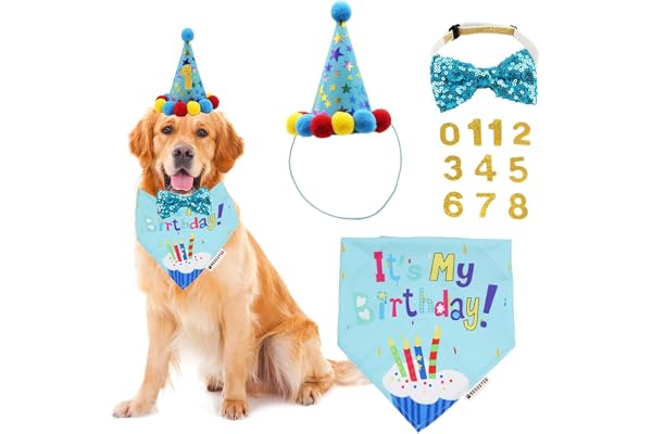 4Pcs Dog Hat, Dog Birthday Decorations, Gifts for Dogs Dog Birthday Bandana Set, with Cute gie Birthday Party Hat and Bow Tie, for Cat and Decoration(Blue)